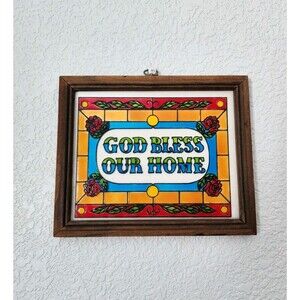 Vintage “God Bless Our Home” Framed Stained Painted glass sign Picture 11.5"X9.5